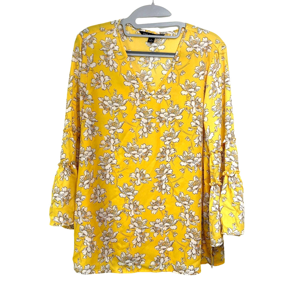 Zac & Rachel Yellow Floral Layered Bell Sleeve Blouse Women's Size Small‎